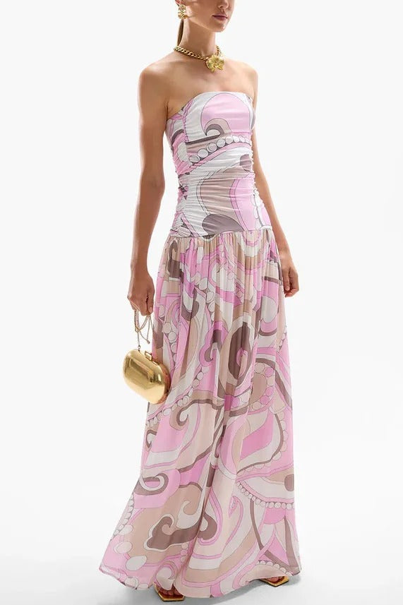 Gorgeous Pastels Unique Print Off Shoulder Low Rise Loose Maxi Dress