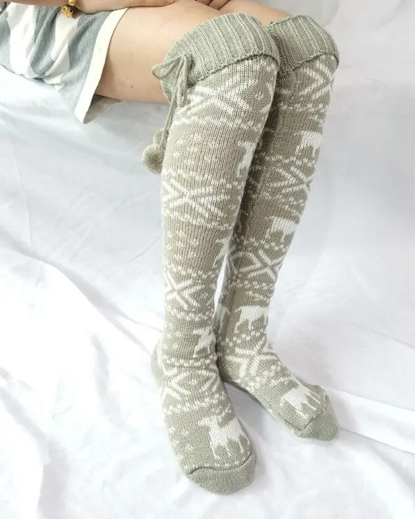 Christmas Elk Snowflake Print Pom Pom Socks One Size Grey