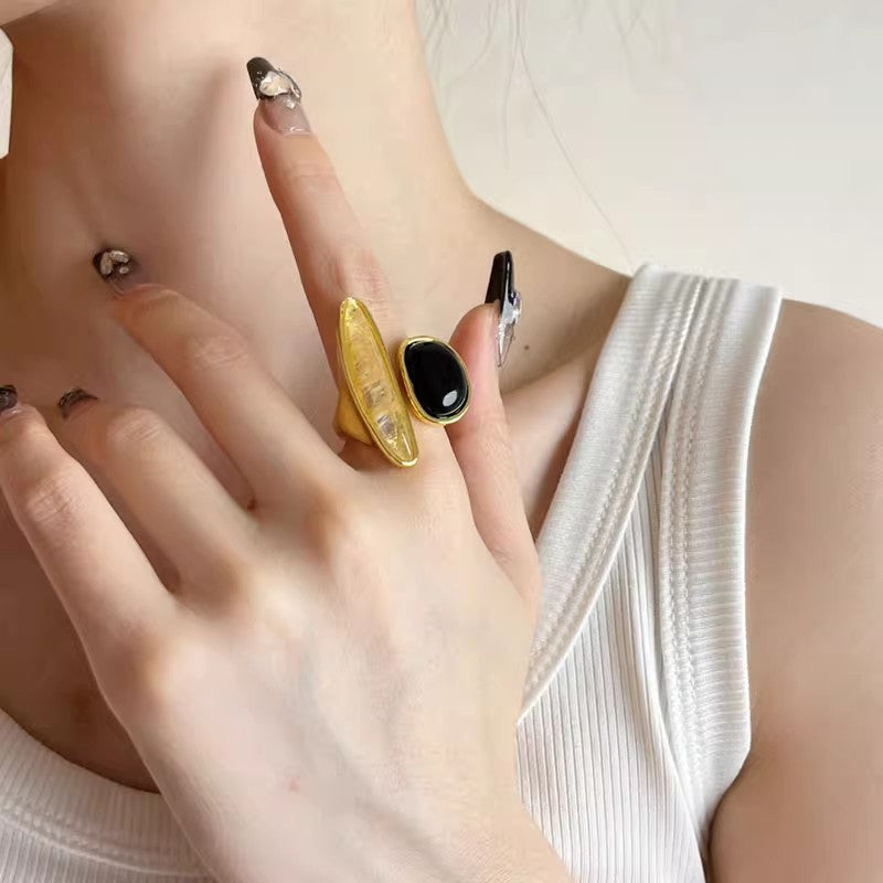 Vintage Two-Tone Natural Stone Open Ring Geometric Contrast Irregular Wide Statement Band