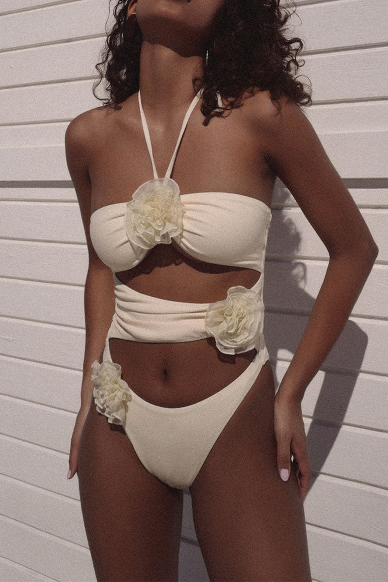 Three-dimensional floral one-piece solid color women's swimsuit White