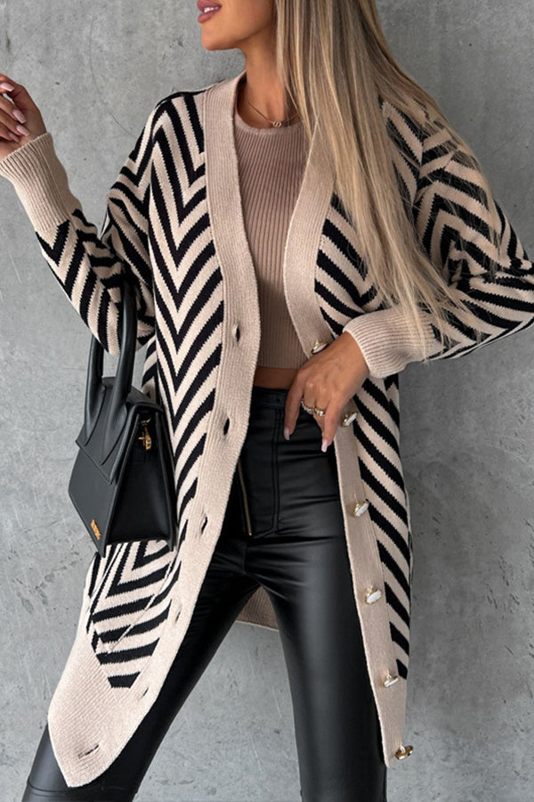 Lapel long sleeve loose mid-length leopard print woolen casual cardigan Black