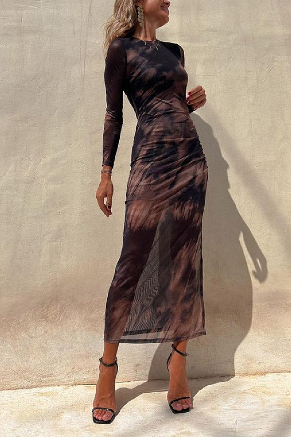 Charm Lady Mesh Overlay Tie Dye Print Long Sleeve Ruched Stretch Midi Dress Brown