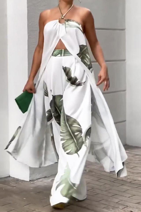 Printed Halter Neck Slit Top and Track Pants Two Piece Set Multicolor