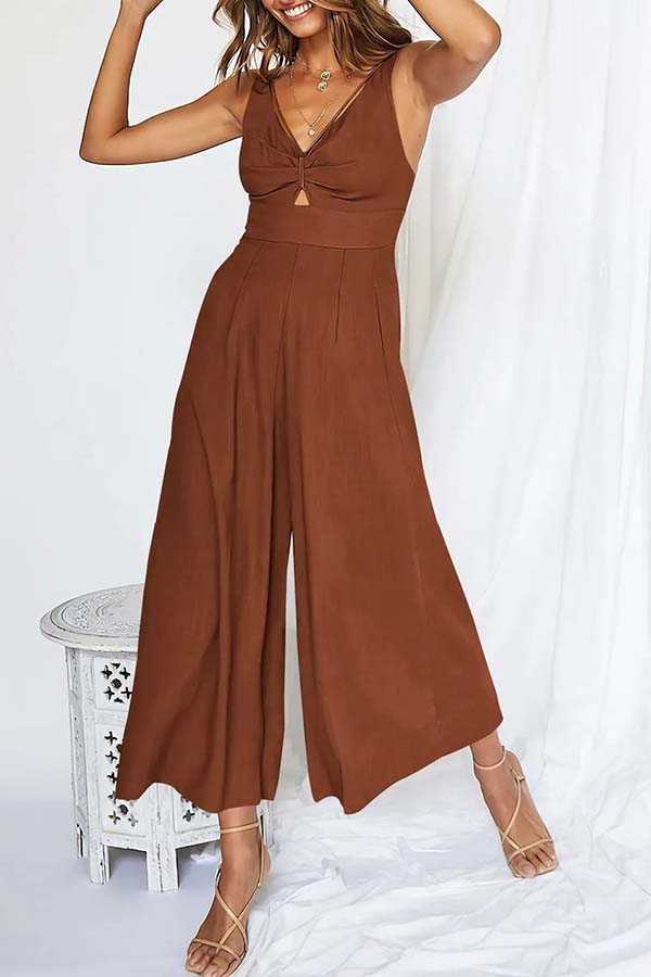 2023 SUMMER V NECK CUTOUT ADJUSTABLE STRAPS WIDE LEG JUMPSUITS Brown