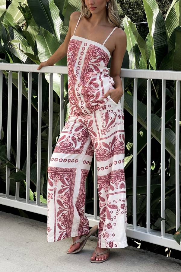 Unique Print Loose Casual Tank Top and Elastic Waist Wide Leg Straight Pants Set