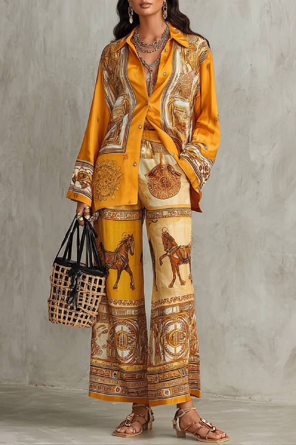 Orange Baroque Print Long Sleeve Shirt & Wide Leg Pants Two-Piece Set