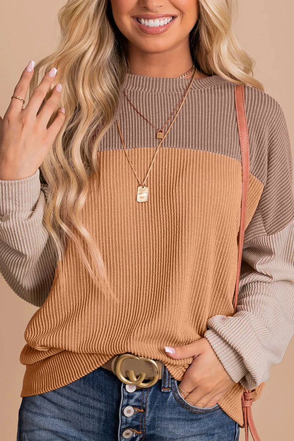 Colorblock corduroy long-sleeve top Khaki