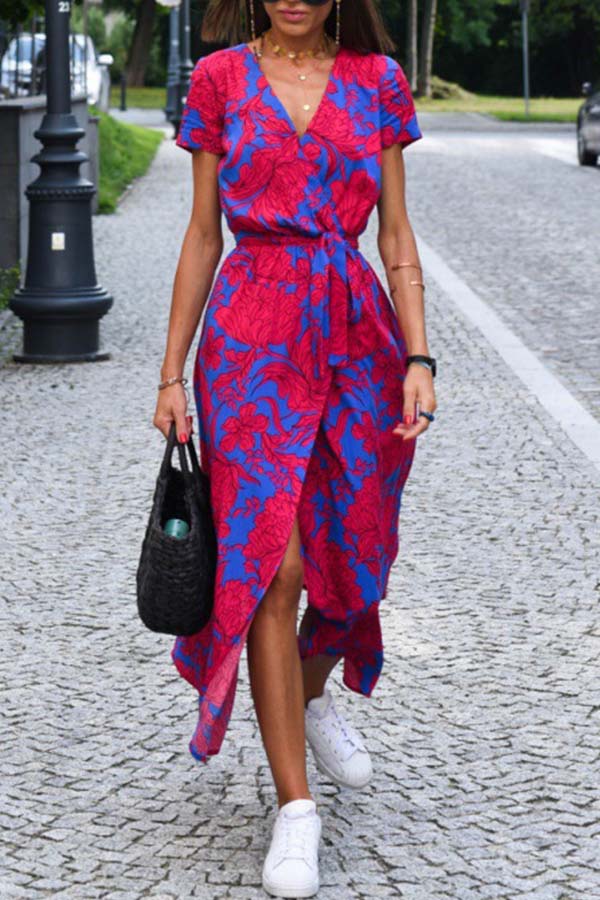 V-neck slit mid-length jumpsuit Blue