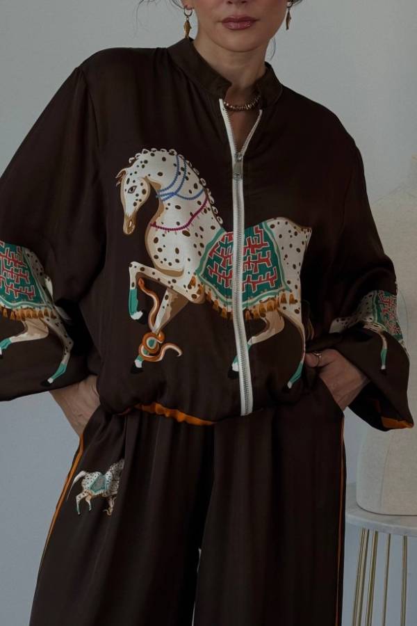 Artistic Satin Colorblock Horse Print Stand Nack Long Sleeve Pocket Zipper Jacket