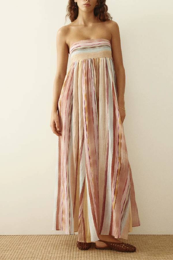 Watercolor Stripe Textured Strapless Maxi Dress