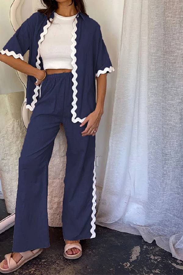 Casual Solid Color Shirt and Pants Suit Navy blue