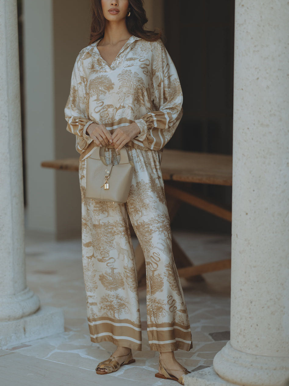 Haut ample à manches longues en satin à imprimé floral jungle