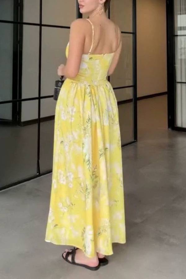 Thin Strap Square Neck Boned Corset Floral Midi Swing Dress