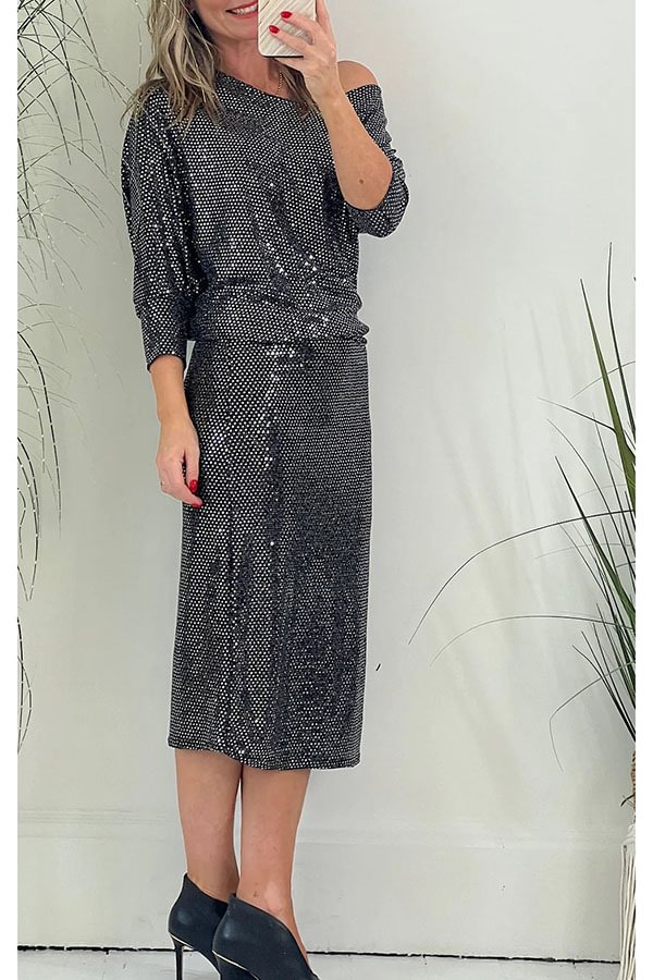 Full of Charm Sequin Dolman Sleeve Loose Midi Dress silver