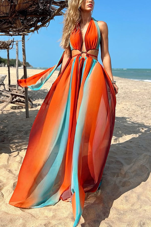 Variety of Styles Tulle Printed Ring Hollow Design Slit Vacation Maxi Dress Orange