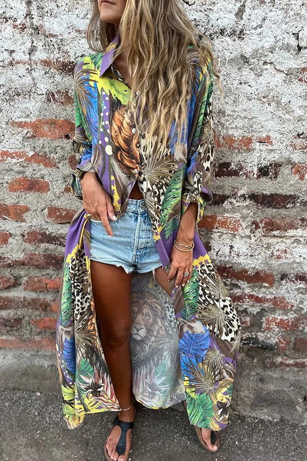 Jungle Miracle Animal Unique Print Button Long Sleeve Midi Relaxed Blouse Purple