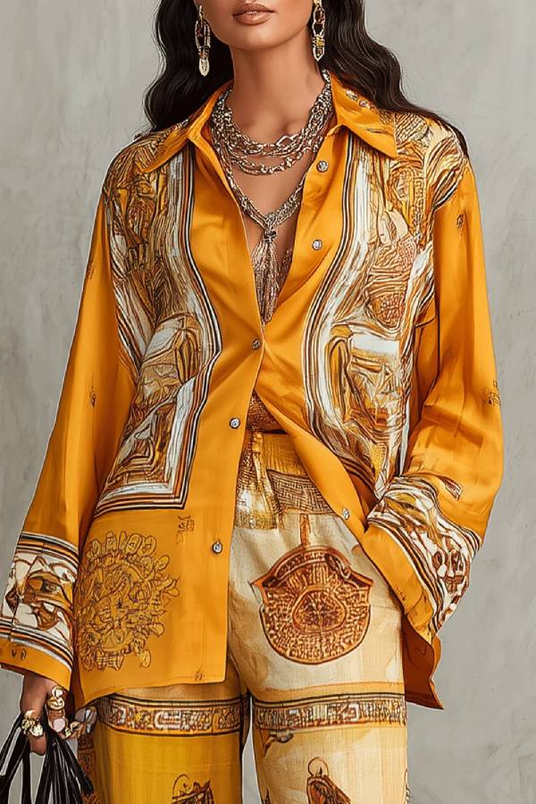 Orange Baroque Print Long Sleeve Shirt & Wide Leg Pants Two-Piece Set