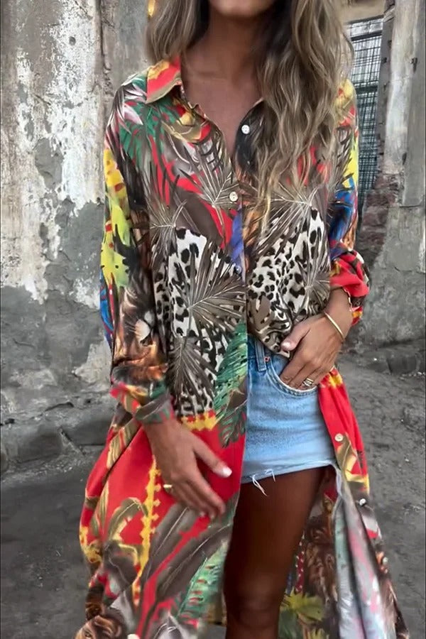 Jungle Miracle Animal Unique Print Button Long Sleeve Midi Relaxed Blouse Red