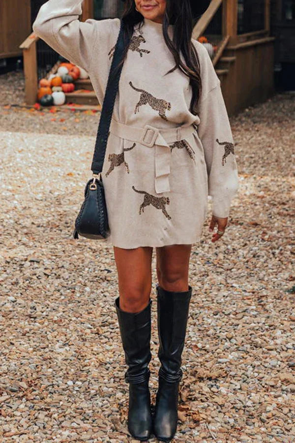 Fiercely in Love Leopard Print Mock Neck Removable Belt Sweatshirt Mini Dress