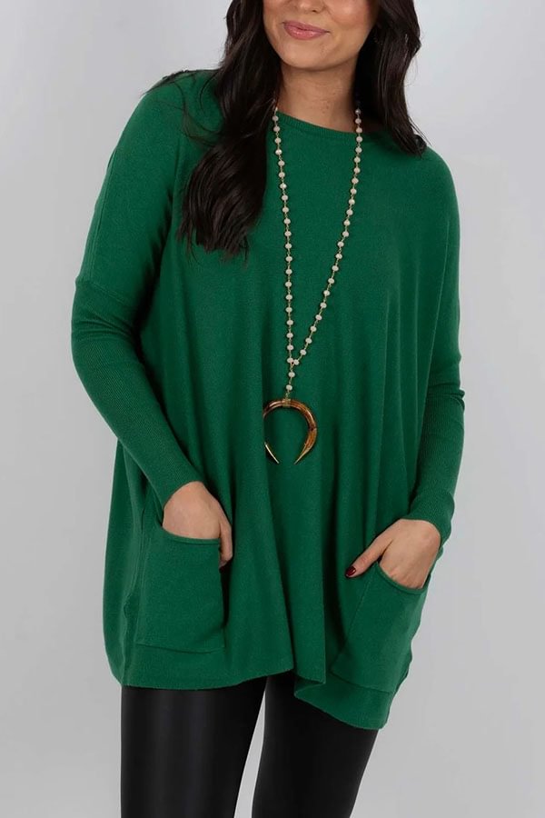 Winter Melodies Knit Crew Neck Front Pockets Oversized Sweater Green