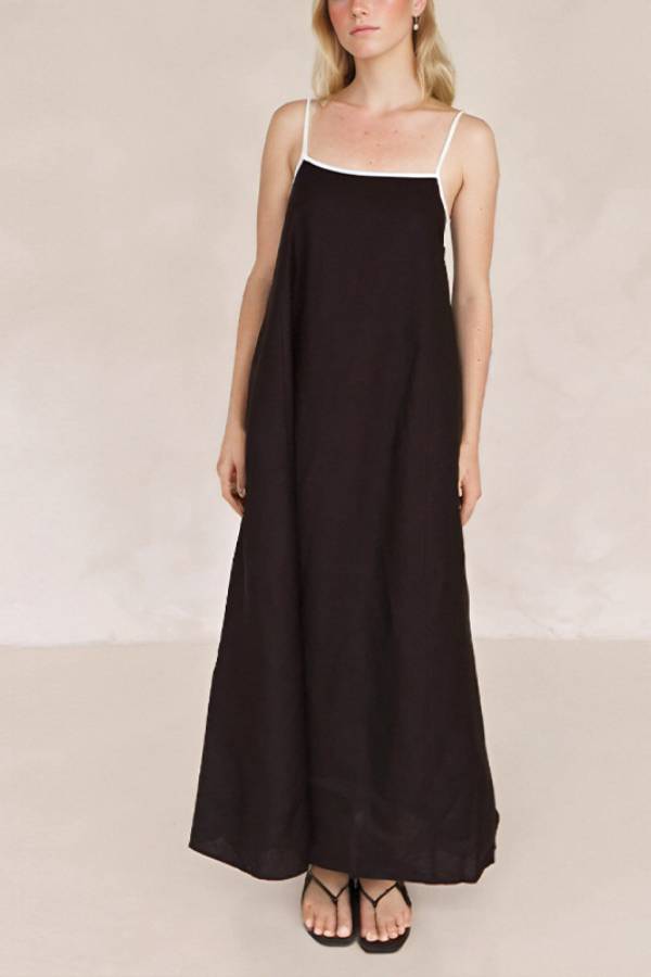 Linen Midi Dress with Spaghetti Straps Black