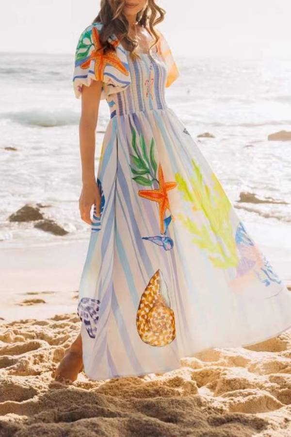 Square Neck Puff Sleeve Marine Life Print Smocked Waist Maxi Dress