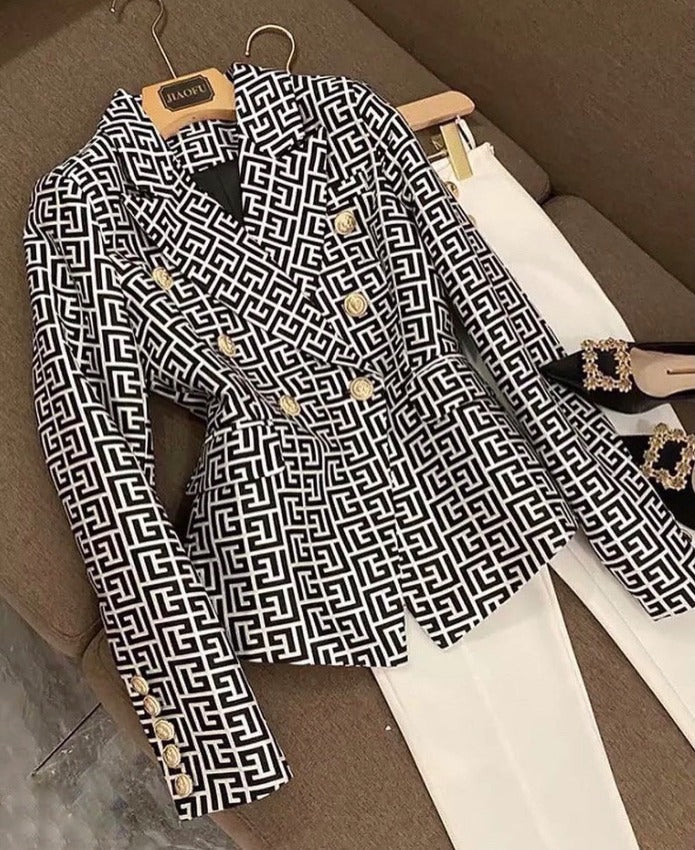 TAIRA DOUBLE-BREASTED BLAZER Black-White Print