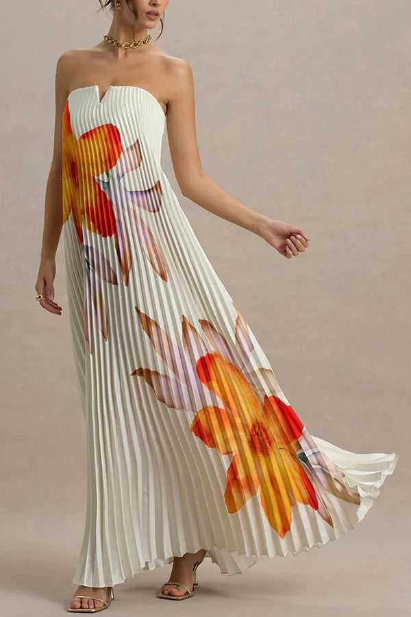 Für jeden Anlass: Satin-Maxikleid mit Plissee und Blumenmuster und V-Bügel-Bandeau-Ausschnitt 