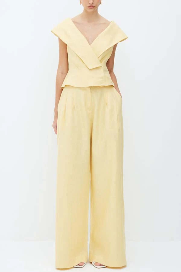 Velena Linen Blend Button Up Lapel Top and High Rise Pocket Wide Leg Pants Set