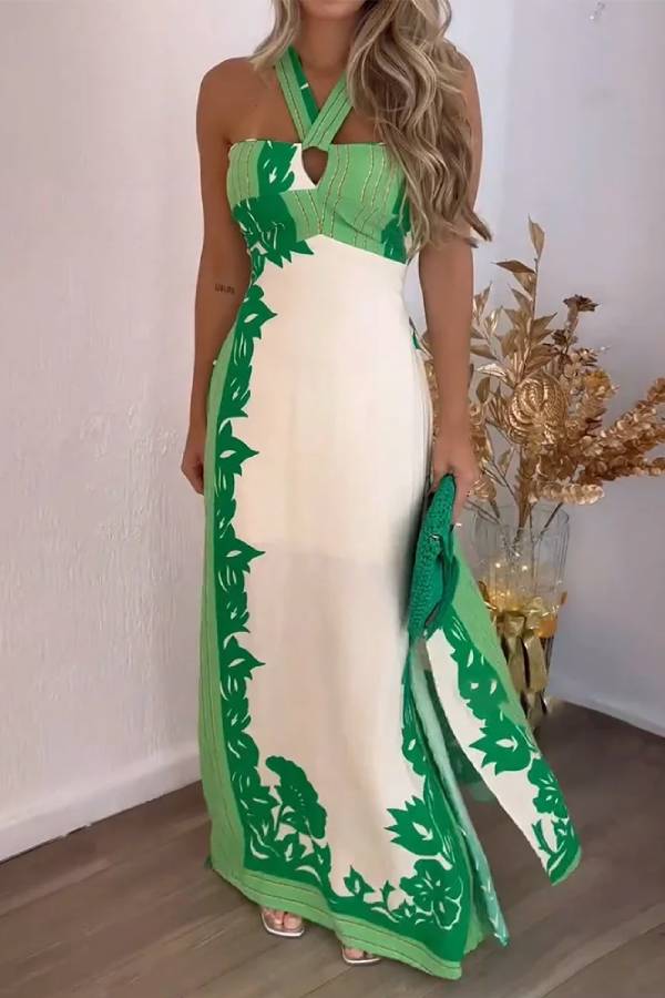 Halter Neck Hollow Casual Printed Dress Green