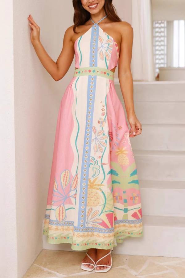 Tropical Print Halter Cutout Maxi Dress