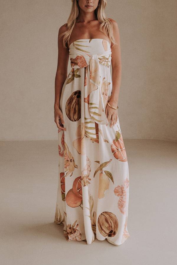 Island Time Linen Blend Unique Print Strapless Back Tie-up A-line Maxi Dress