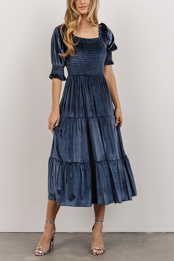 Gold velvet square neck ruffled high waist tight temperament commuter dress Blue