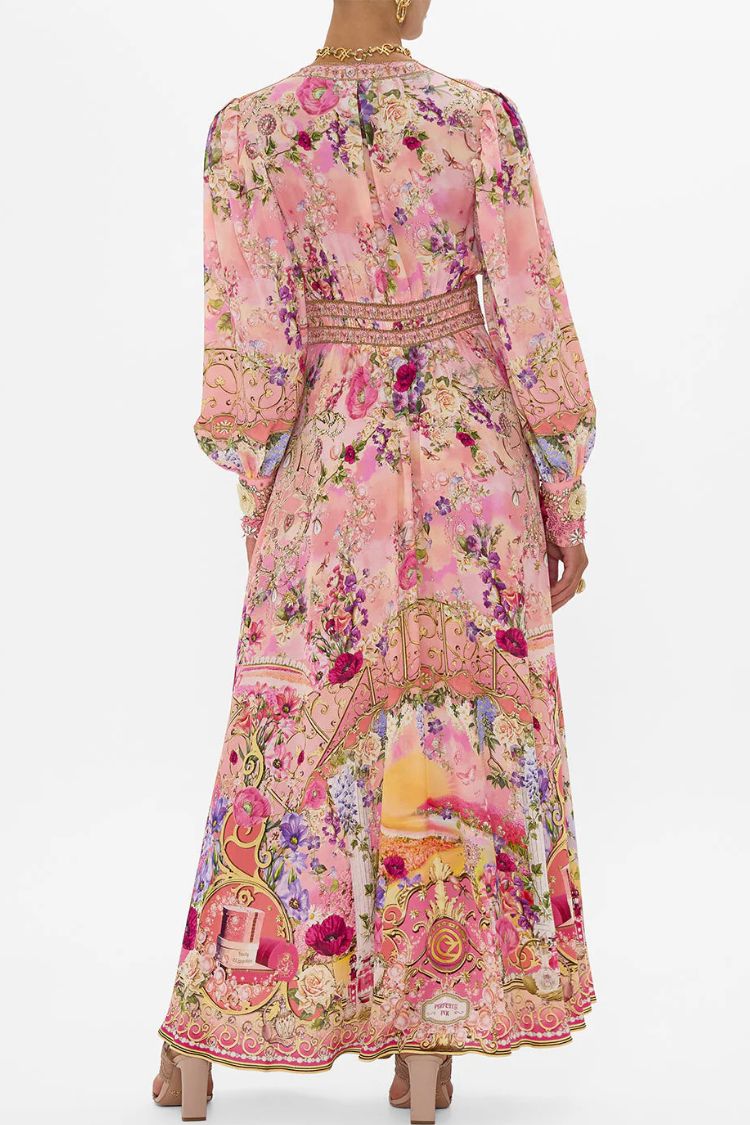 Printed V-neck Long-sleeved Puff Sleeve Waist Maxi Dress