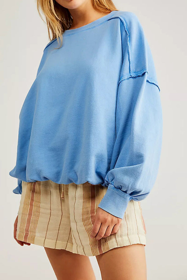 Casual loose outerwear advanced long-sleeved raw edge pullover sweater Blue