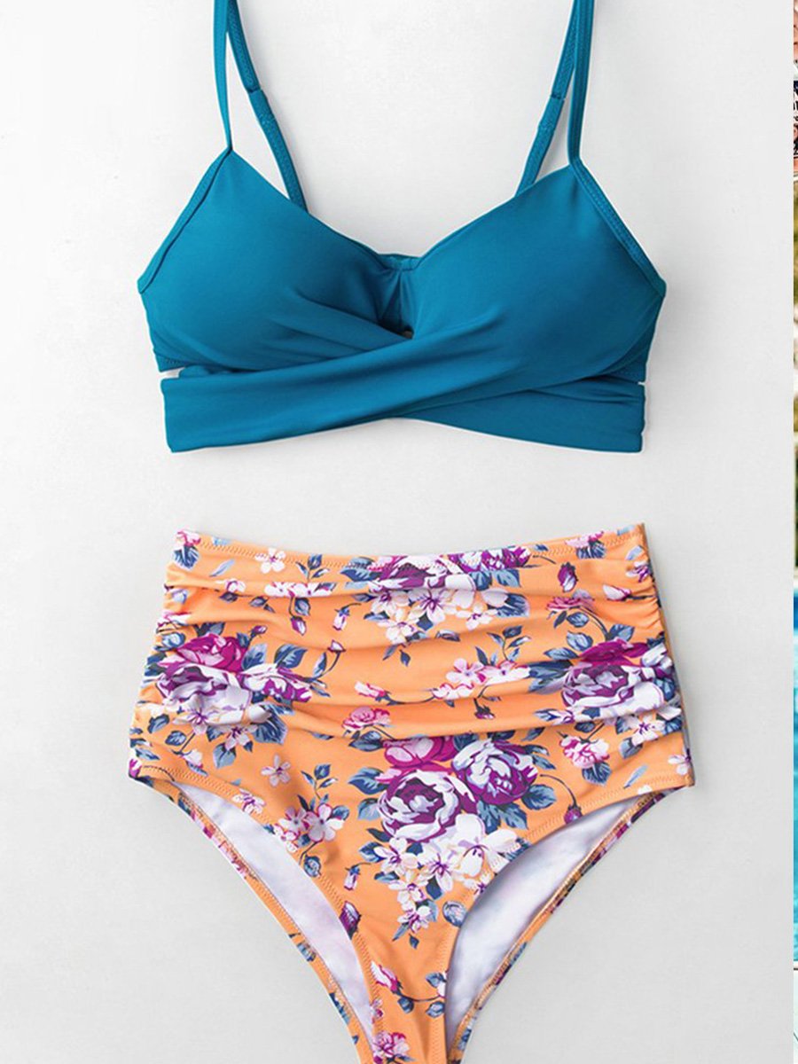 High Waist Criss Cross Floral Print Two pieces Swimsuit