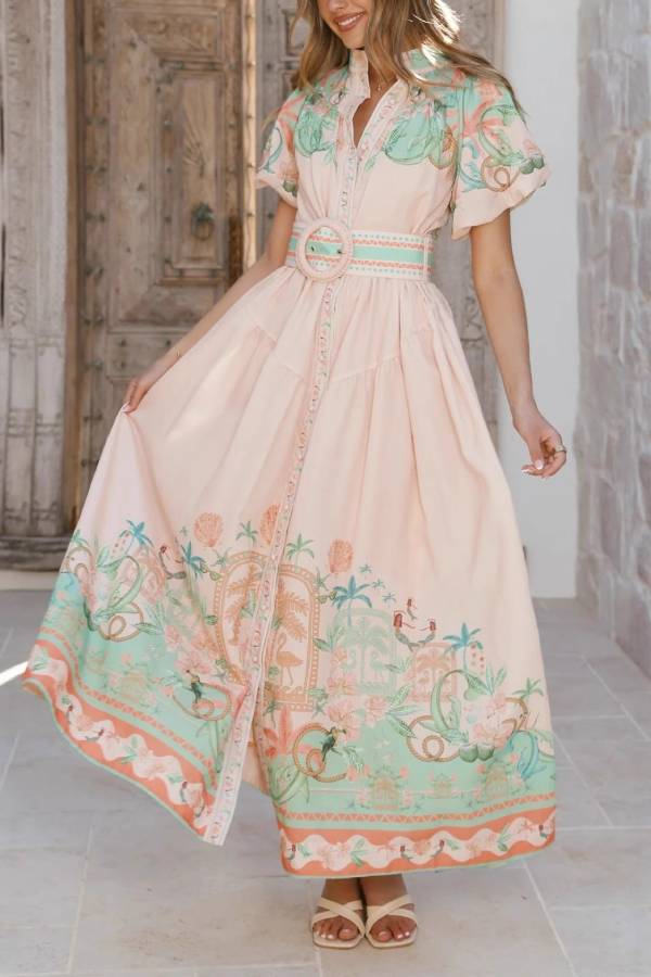 Flamingo Print Puff Sleeve Waist-Cinched Shirt Maxi Dress