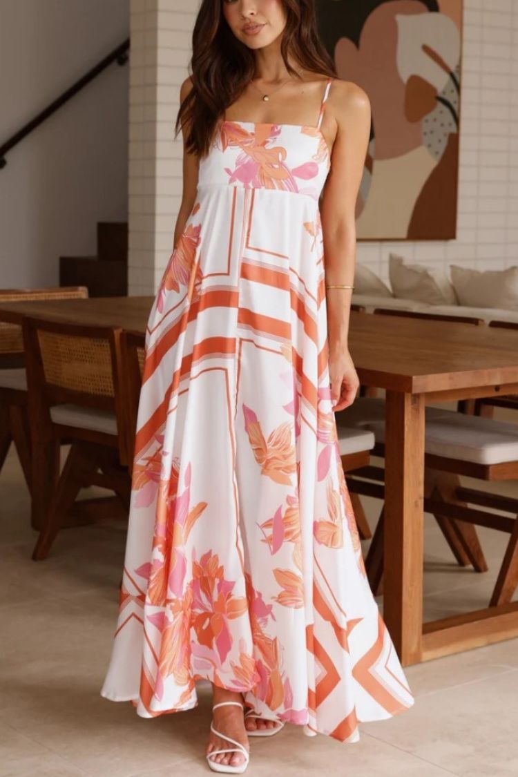 Printed Ruffle Suspender Maxi Dress