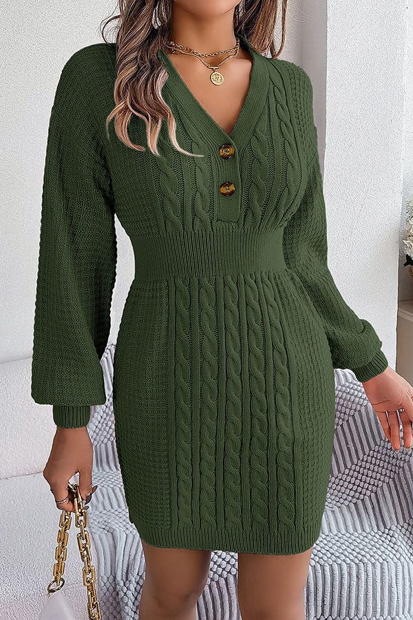 Buttoned V-neck twist lantern sleeves hip-hugging sweater dress Green