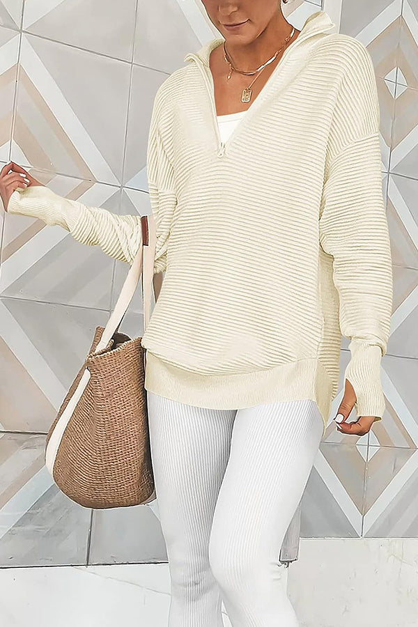 Half-Zip V-Neck Relaxed Rib-Knit Sweater apricot