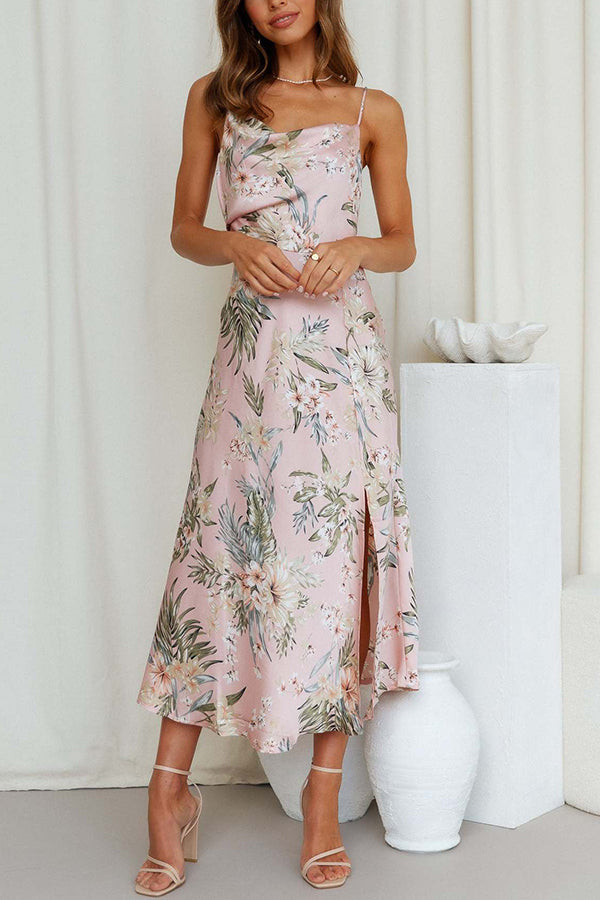 Everything You Need Satin Floral Cowl Neck Slit Midi Dress Pink