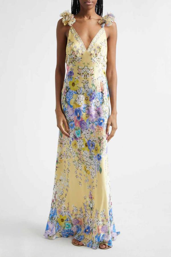 3D Floral Strap Satin Floral Maxi Dress
