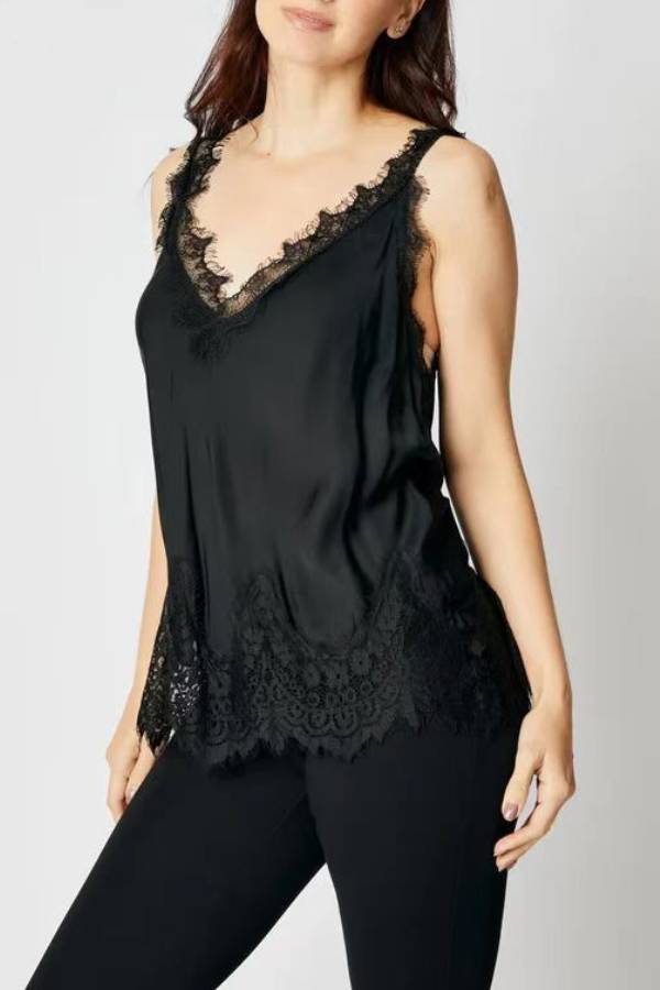 V‑Neck Eyelash Lace Satin Camisole Top