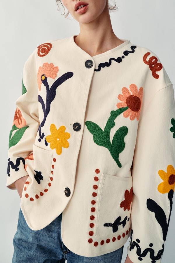 Boho 3D Floral Embroidered Round‑Neck Jacket