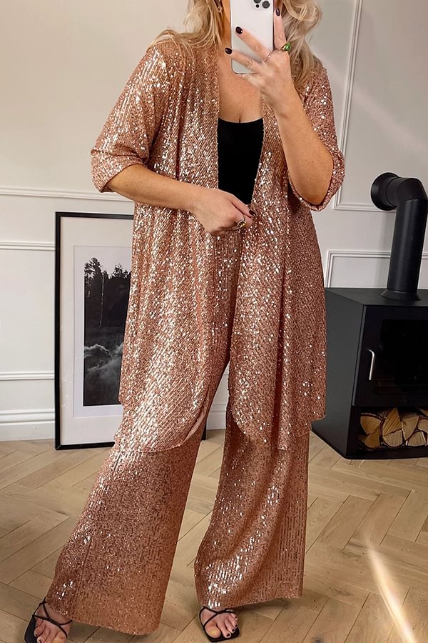 Shine Bright Sequin Half Sleeve Open Front Drape Midi Kimono