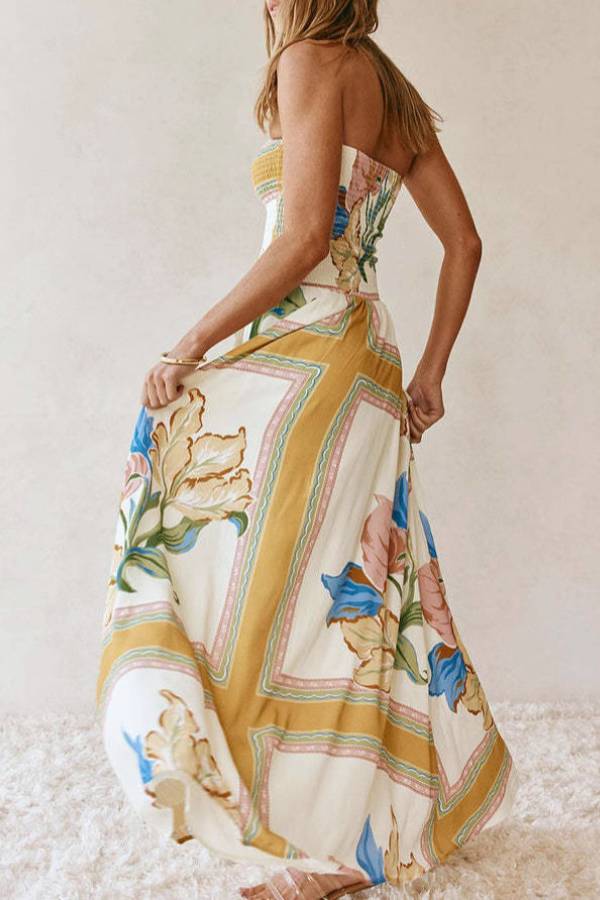 Vintage Floral Print Strapless Maxi Dress