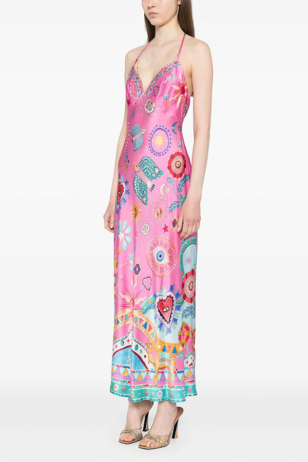 Pink Fantasy Print Halter Backless Silk Maxi Dress