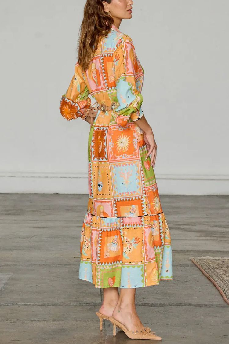 Linen Blend Unique Printed Long Sleeve Lapel Tie-waist Midi Dress