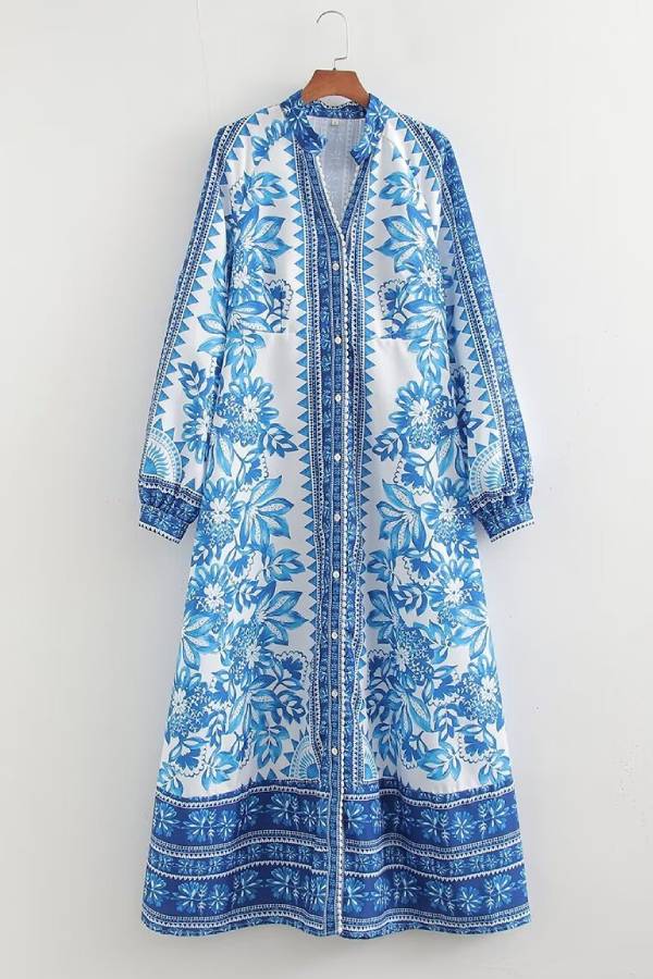 Unique Print Button Down Long Sleeve Shirt Maxi Dress Blue