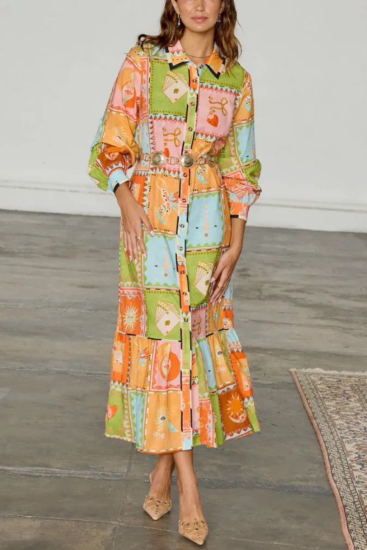 Linen Blend Unique Printed Long Sleeve Lapel Tie-waist Midi Dress